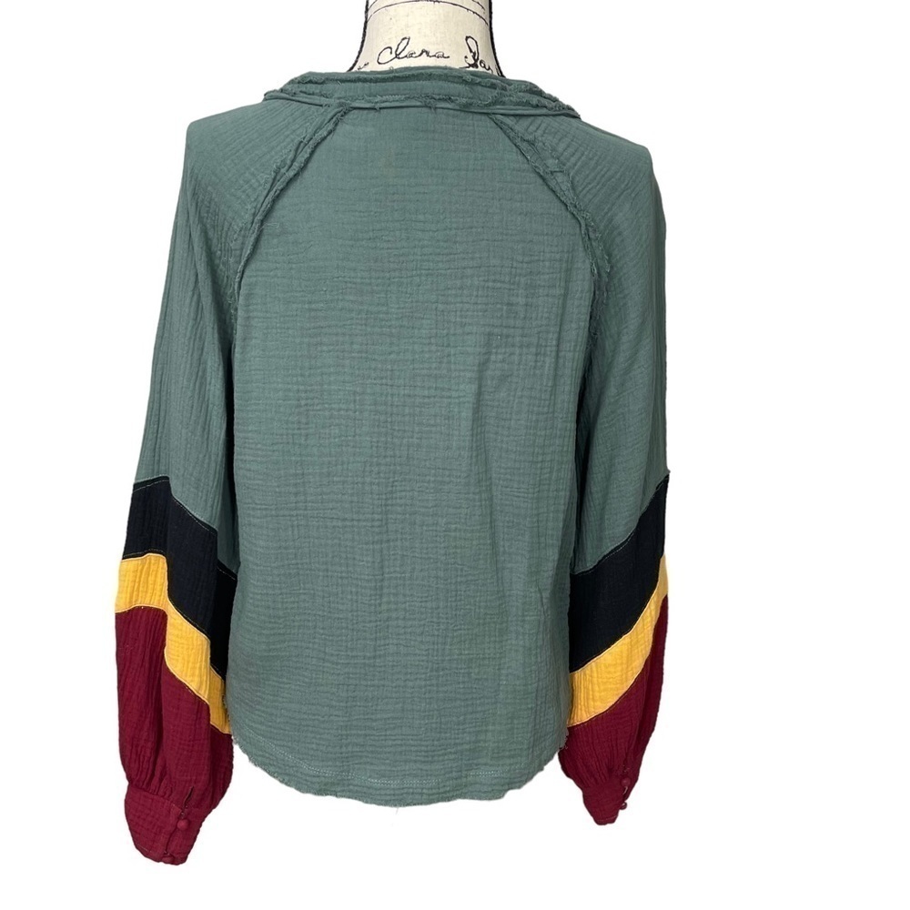 Fate Boutique Boho Blouson Sleeve Color Block Top with Green, Black, Yellow, Red - Picture 8 of 11